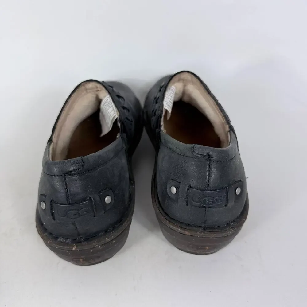 UGG Anila Slip-On Clogs Women's 7 Black Full-Grain Leather Hand-Woven Braid